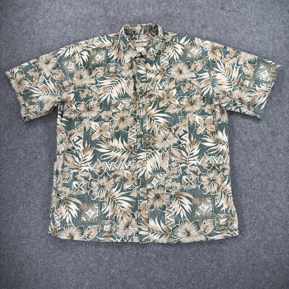 Vintage Cooke Street Hawaiian Shirt Mens XL Green Floral Cotton Reverse Print